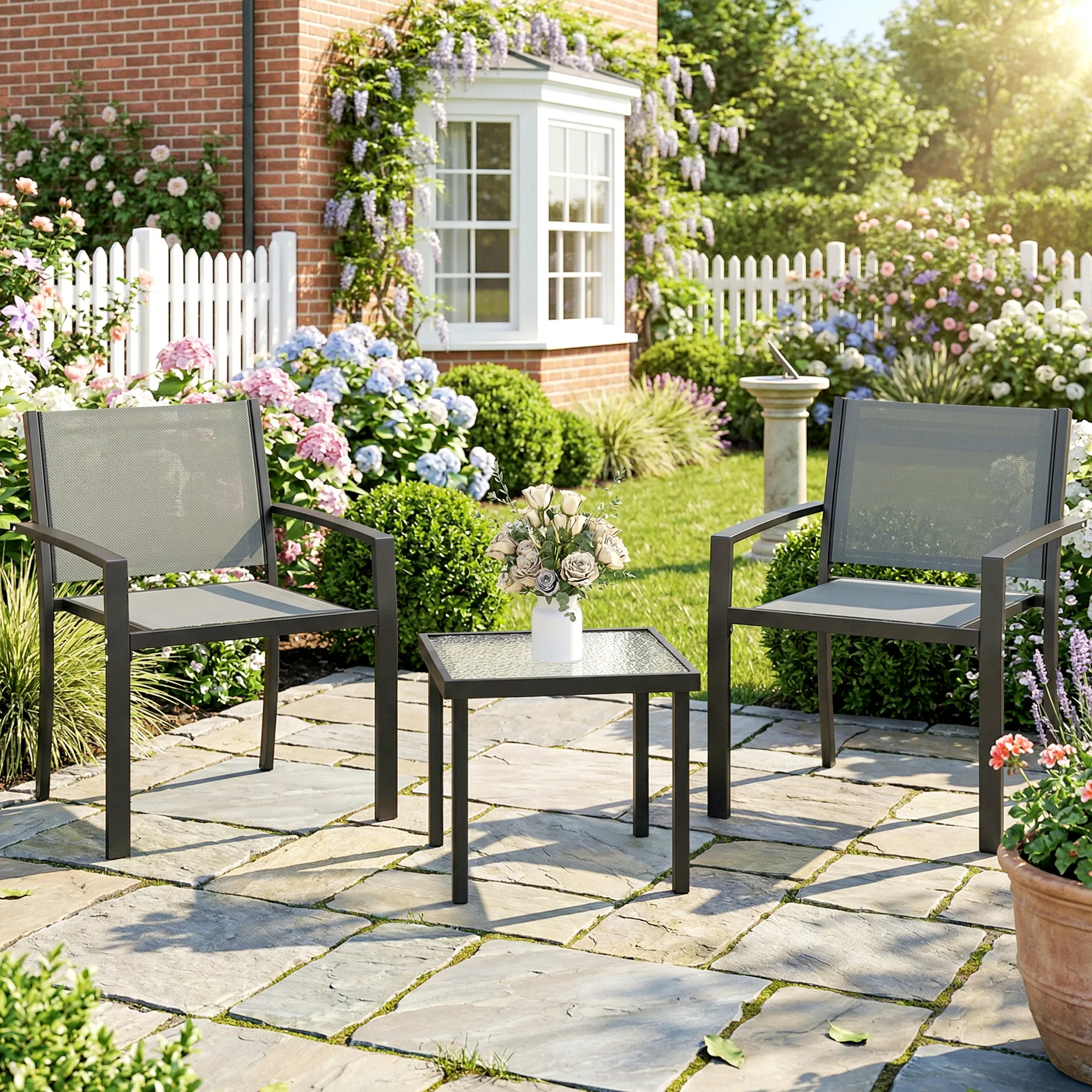 Ensemble table et chaises de terrasse extérieure Outsunny 3 pièces, mobilier de jardin extérieur avec 2 chaises larges en textilène, table en verre trempé, pour patio, balcon, gris clair