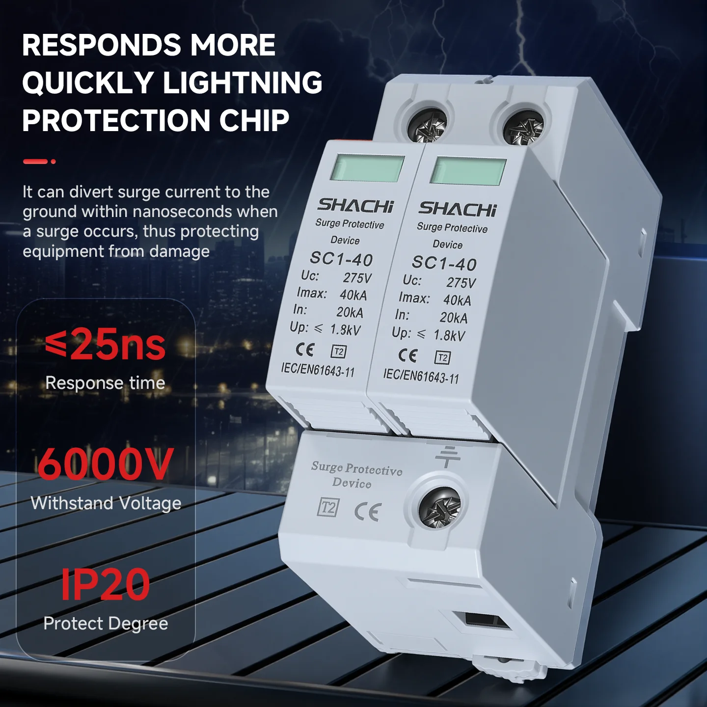 SHACHI AC SPD 2P 4P House Surge Protector Protection Protective Low-voltage Arrester Device 10-20kA 20-40kA 30-60kA 275V 385V