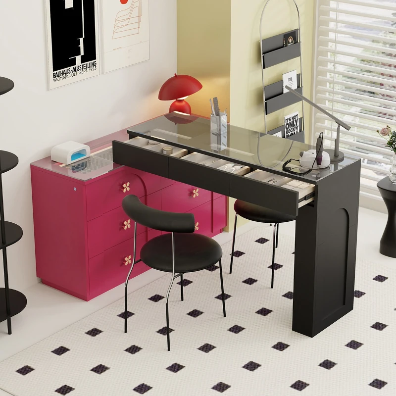 

Dresser Jewelry Cabinet Integrated Double Nail Art Table with Light Storage Cabinet Medieval Black Flip Beauty