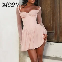 Sexy Square Neck Lace Party Short Dresses Women Long Sleeve Fishbone Partchwork Fairy Mini Dress 2024 Summer New Fashion Clothes