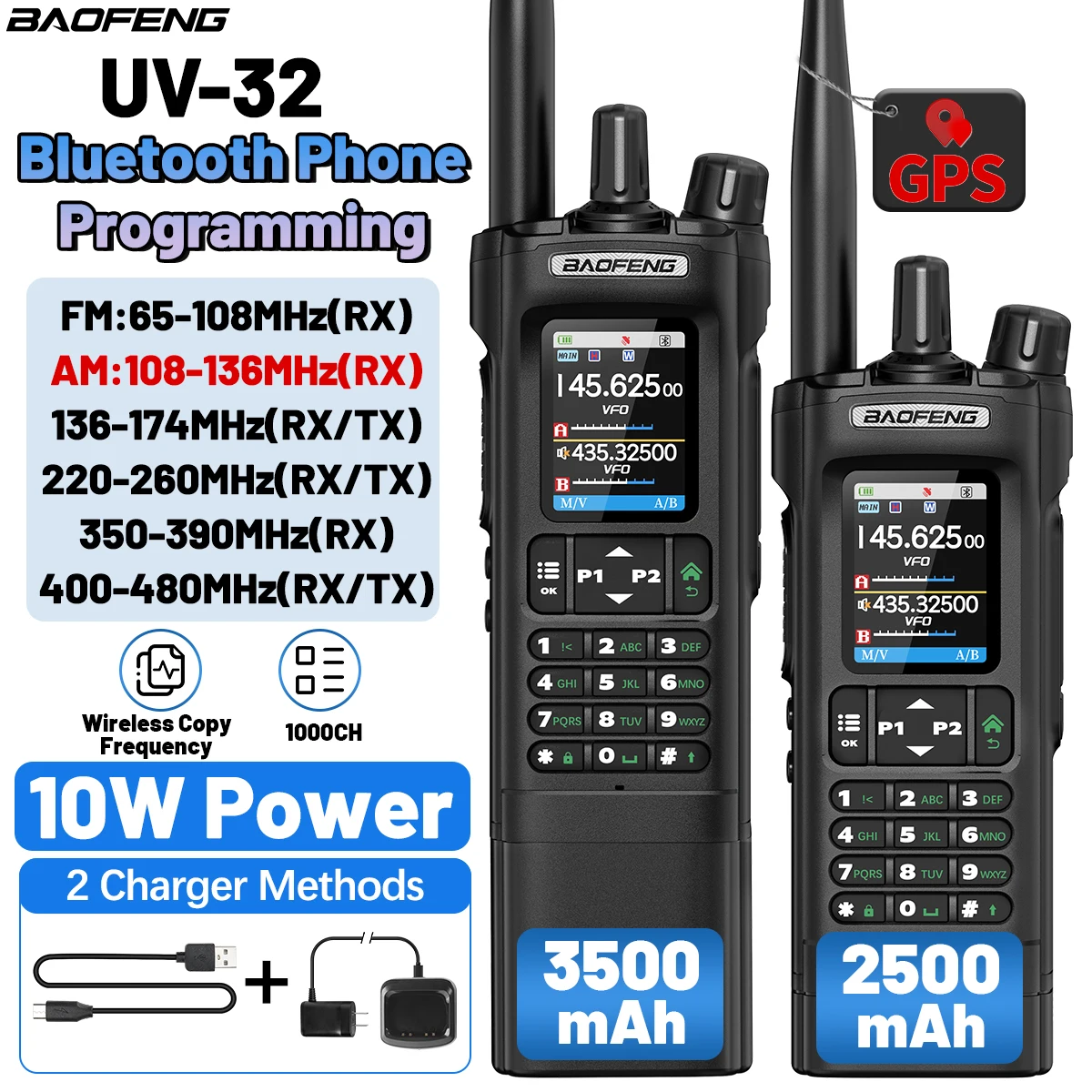 BAOFENG UV-32 نظام تحديد المواقع لاسلكي تخاطب 3500mAh/2500mAh بلوتوث برمجة نسخة لاسلكية تردد طويلة المدى متعدد الموجات اتجاهين الراديو