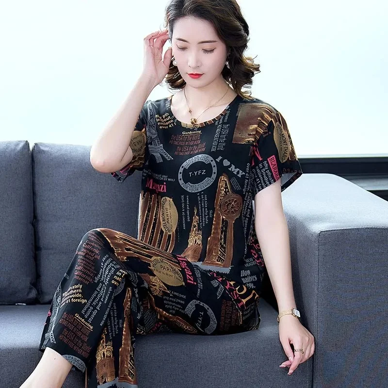 Cotton Suit Lady 2024 Summer New Two-Piece Casual Loose Set Middle-Aged Old Mothers 2PCS Fashion Simple Round Neck Outfit Woman