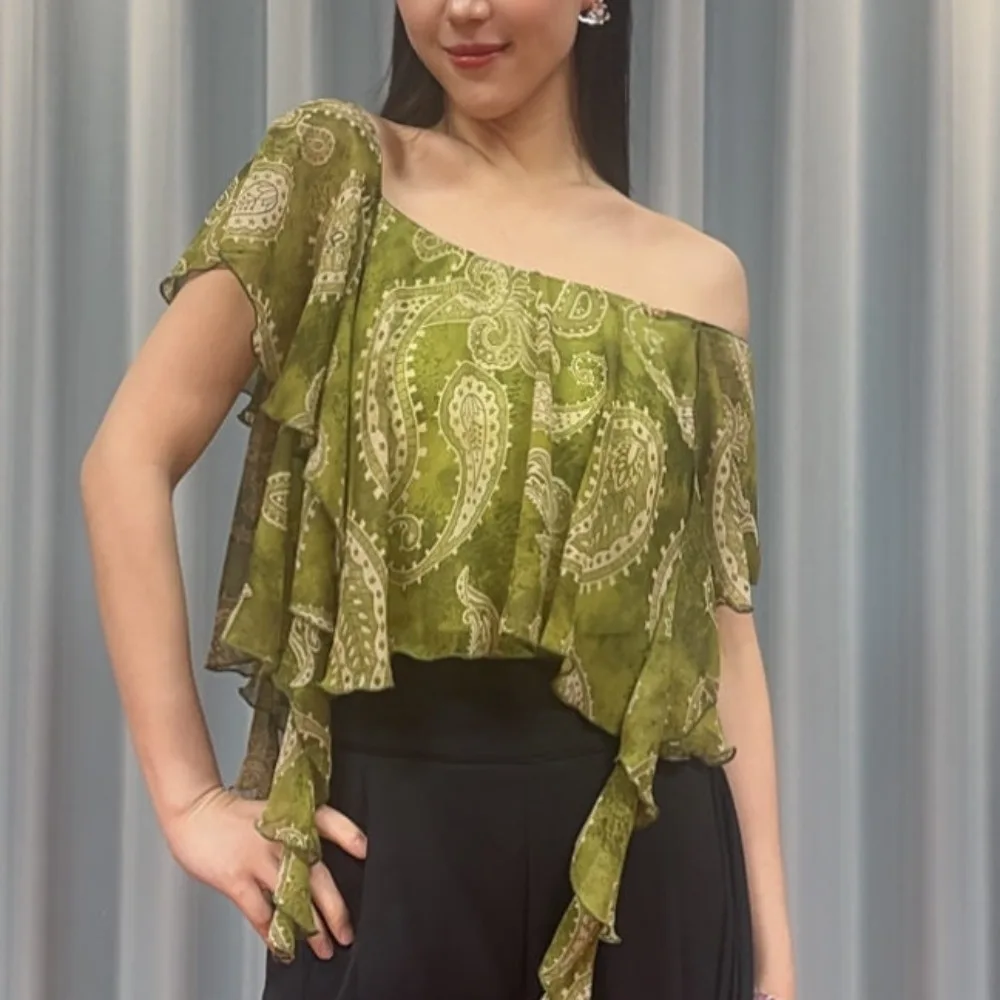 Customized Women Ruffled Sheer Mesh Mid Sleeve Dance Top Latin Social Ballroom Competition Modern Training Outfit Dancewear Top