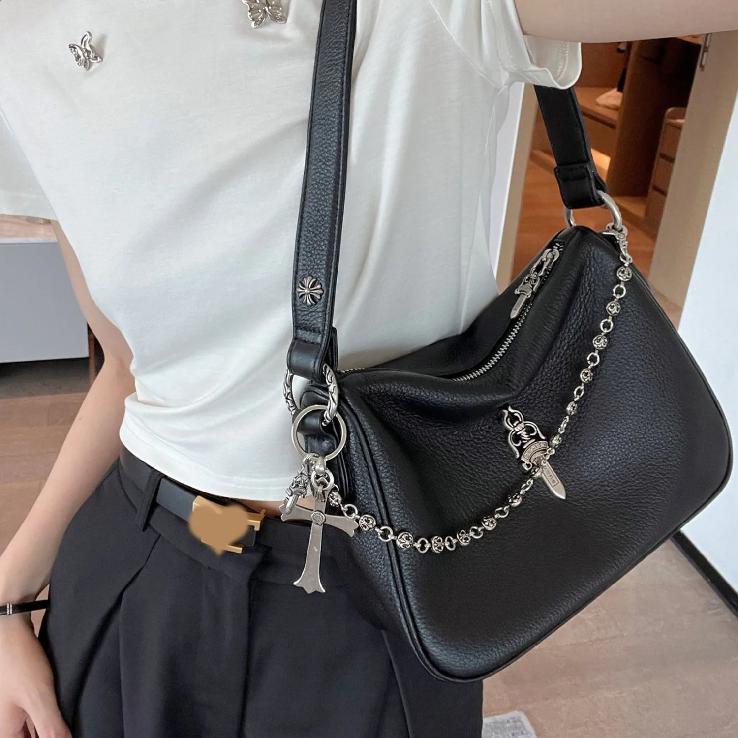 Hong Kong IT Genuine Leather Chain Retro Sword Underarm Bag Korean Versatile Elegance Single Shoulder Handbag for Women