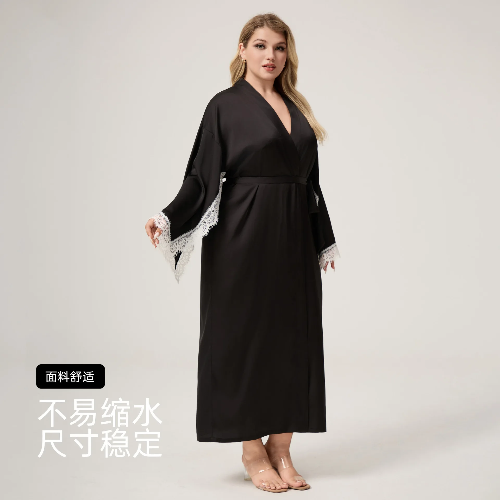 Black Robe Women Sleepwear French Minimalist Style Rayon Loungewear Sexy Back Lace Patchwork Nightdres Intimate Lingerie