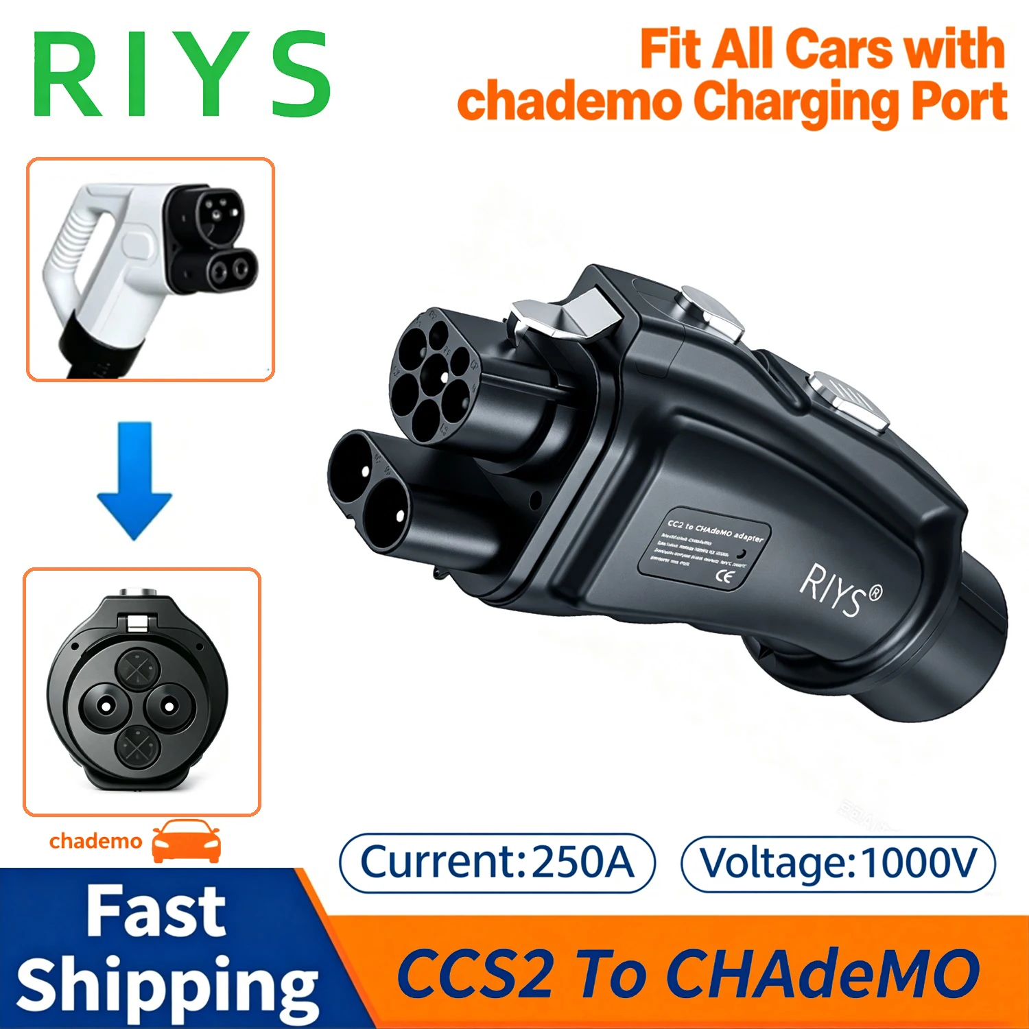 RIYS EV Charger CCS2 to CHAdeMO Adapter DC 250A 1000V 250KW Converter CCS Combo 2 to Japanese Electric Vehicle Charging Adaptor
