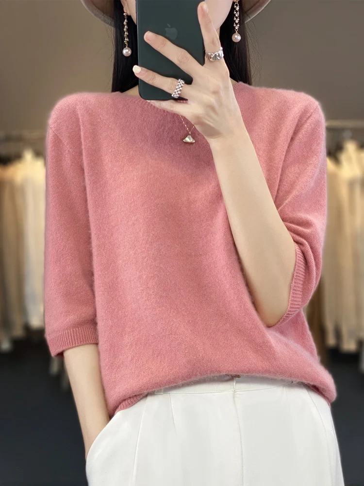 2024 New Spring Summer Women Sweater Short Sleeve O-Neck Pullover 100% Merino Wool Pure Color Knitted Jumper Female Clothing