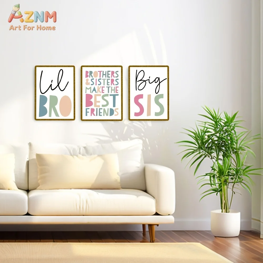 AZNM Big Sis Lil Bro Brothers And Sisters Make The Best Friends Quote Canvas Wall Art, Neutral Colorful Typography Sibling Room