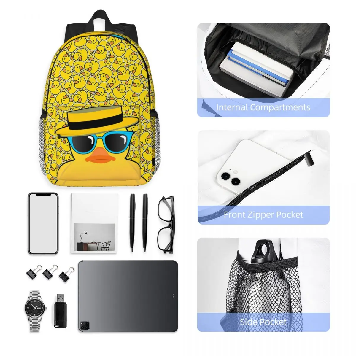 Rubber Duck Ducky Wearing Boater Hat And Sunglasses Backpacks Boys Girls Bookbag Students School Bags Rucksack Shoulder Bag