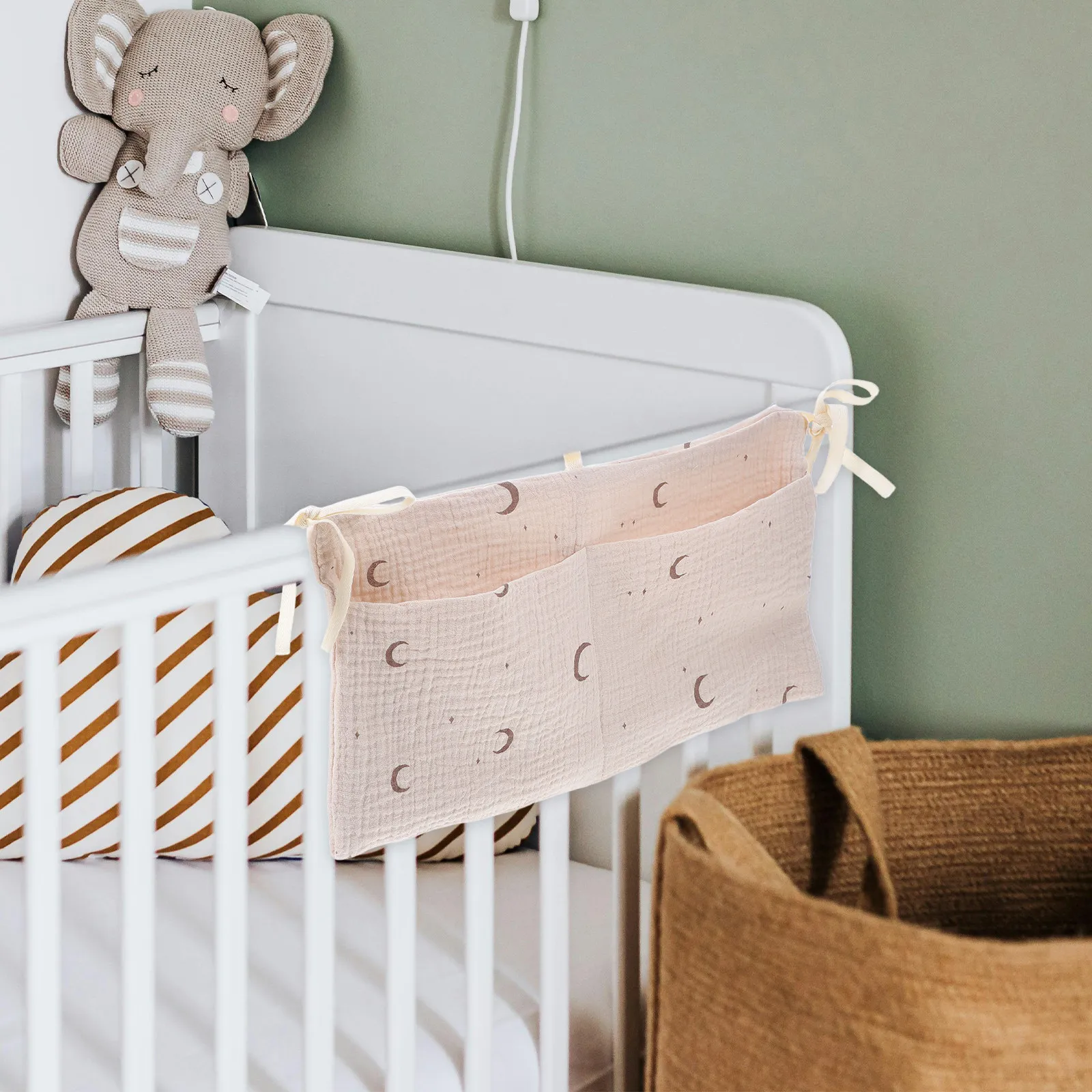 Bedside Hanging Bag 2 Pockets Crib and Stroller Organizer Double Layer Cotton Space Utilization