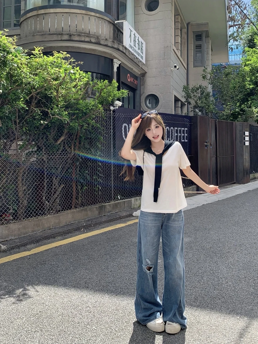 

Джинсы Waed Denim женские свободные, стройнящие, повседневные, широкие, в пол, прямого кроя, рваные, летние, модные, повседневная одежда