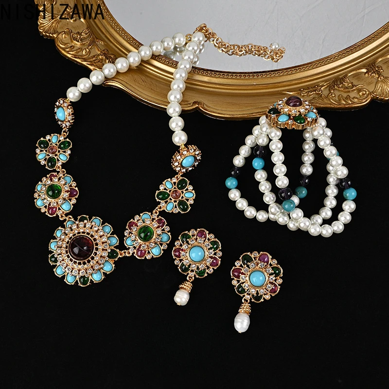 

NISHIZAWA Colorful Flowers Earrings for Women Pearls Palace Style Evening Party Jewelry Exquisite Retro Glaze Aretes De Mujer