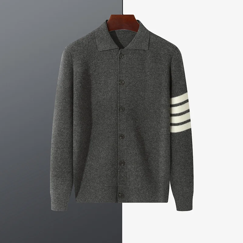 Autumn and winter new men's POLO collar 100% pure wool relaxed and slim contrast knitted cardigan jacket.