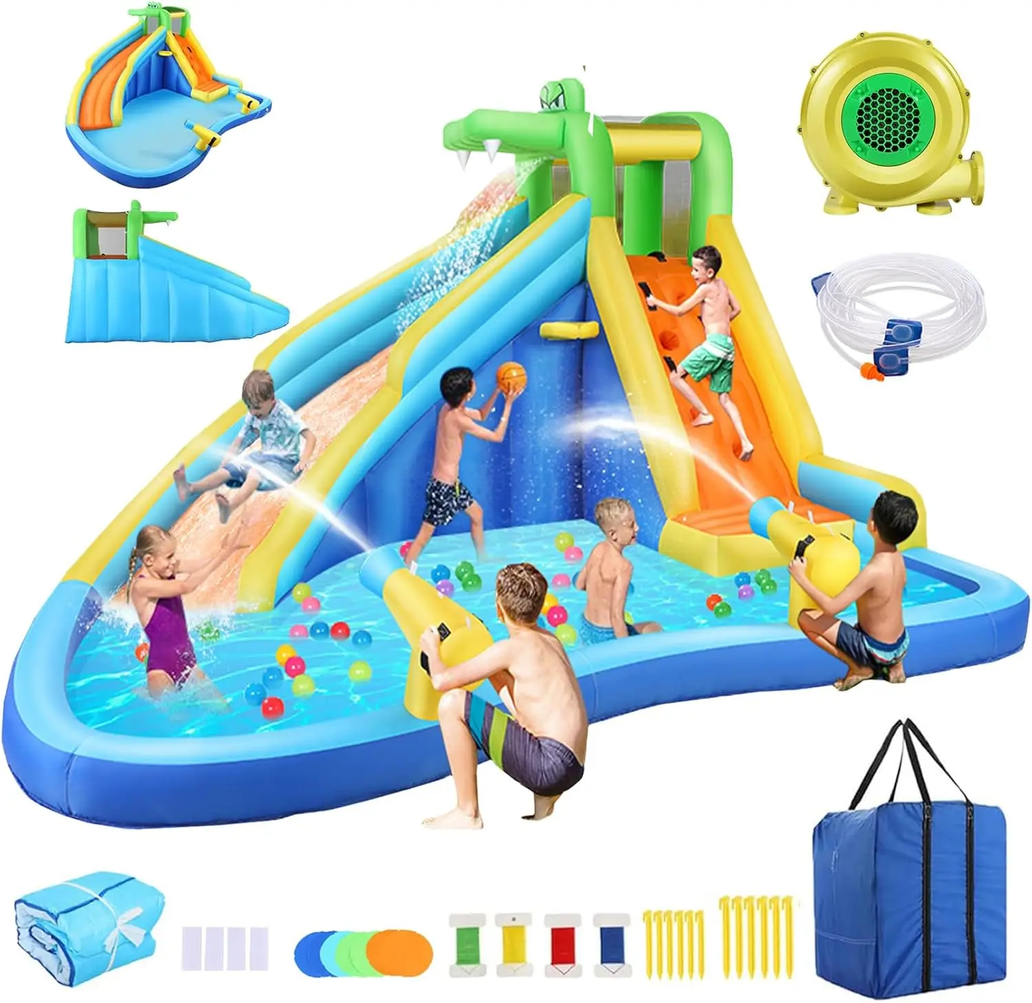 Aufblasbare Wasserrutsche und Krokodil-Wasser-Bounce-Haus, aufblasbarer Wasserrutschenpark mit Spritzbecken, Kletterwand, Korbrand, Wasserkanone