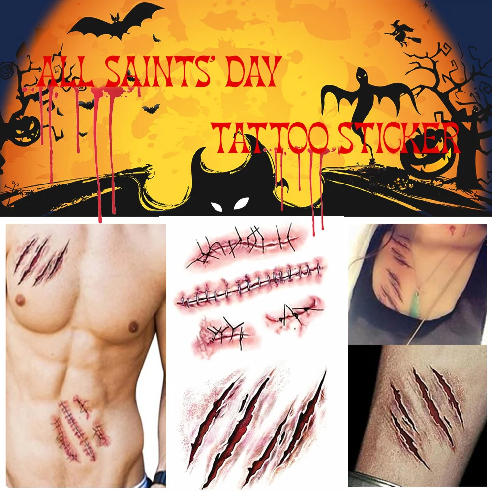 10Pcs Halloween Tattoo Stickers Horror Fake Wounds Bloody Cosplay Party Zombie Scar Temporary Tattoos DIY Waterproof Body Art