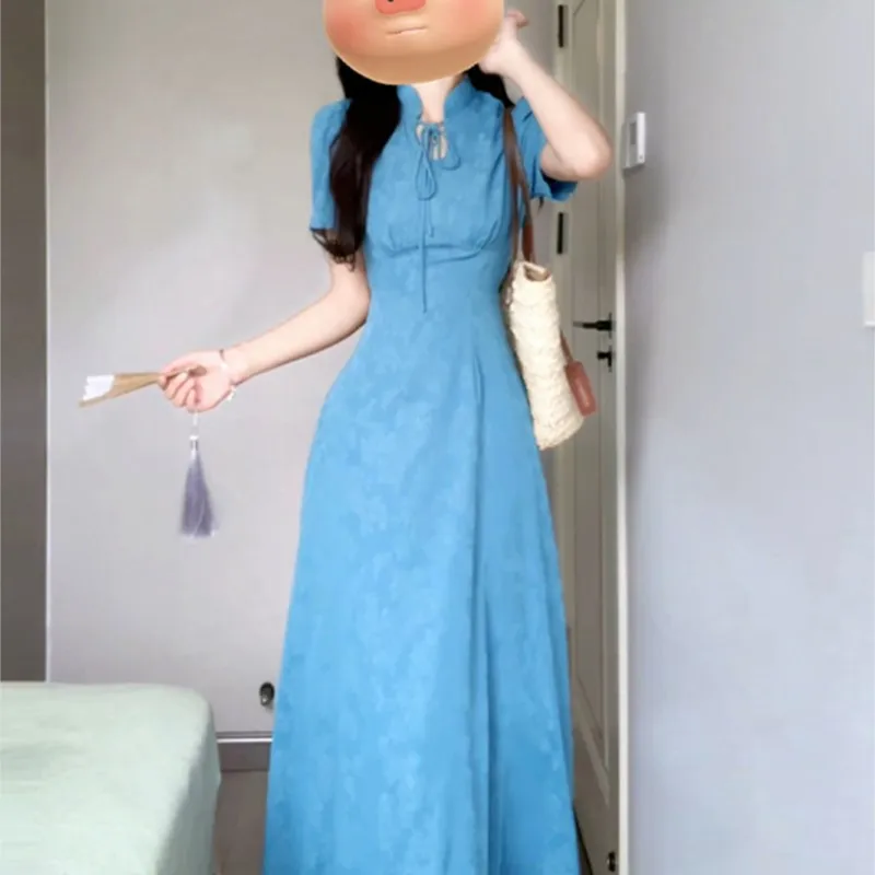 

National style new Chinese blue cheongsam temperament waist long dress