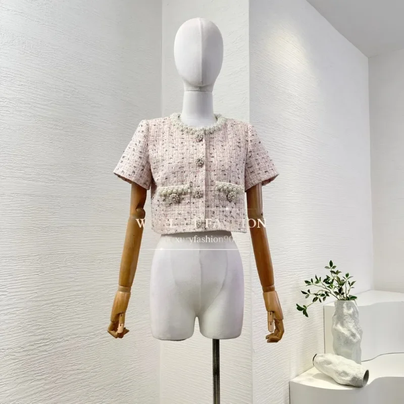 

2025 New Pink Short Sleeve Tweed Jacket Tops and Skirt Sets