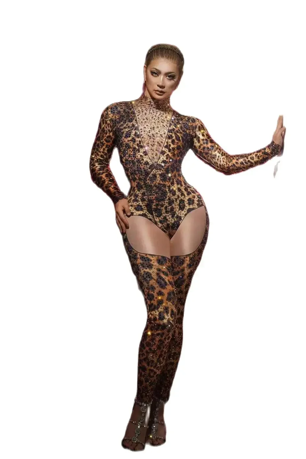 

Women Leopard Perform Vegas Show Gogo Dancer Cosplay Jumpsuits Stretch Spandex Sexy Singer Drag Queen Outfit