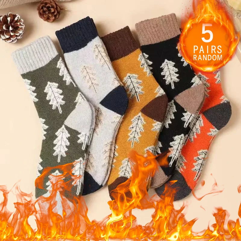 

5 Pairs Of Autumn And Winter Thick Retro Forest Style Fashionable Small Tree Pattern Versatile And Comfortable Warm Looped Socks