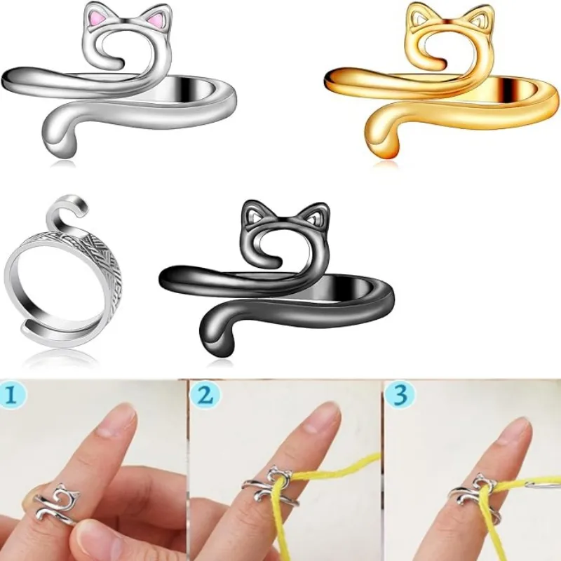 MIUSIE 2pcs Adjustable Knitting Crochet Loop Ring Knittied Yarn Guide Finger Faster Holder Thimble Thread Ring Sewing Tools