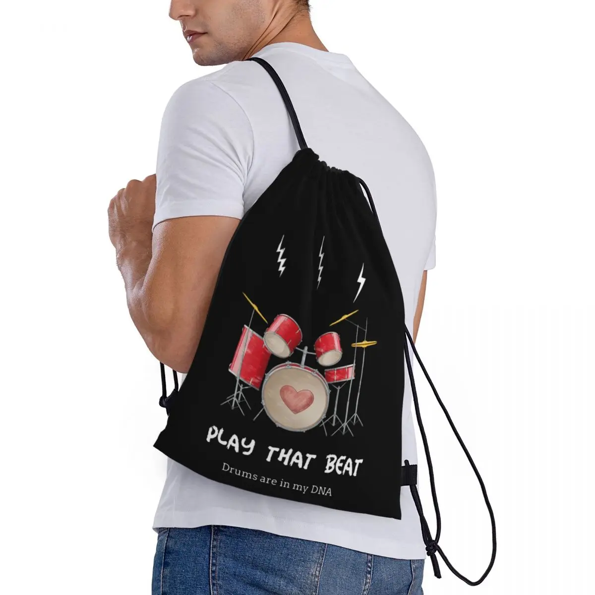 Play That Beat Drums 3 Drawstring Bags Gym Bag Drawstring Backpack Secure premium Backpack Funny Novelty