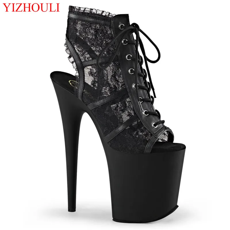 20 cm stiletto heels with a mesh upper, 8 inch catwalk shoes for models, and ankle for summer night club pole dance shoes