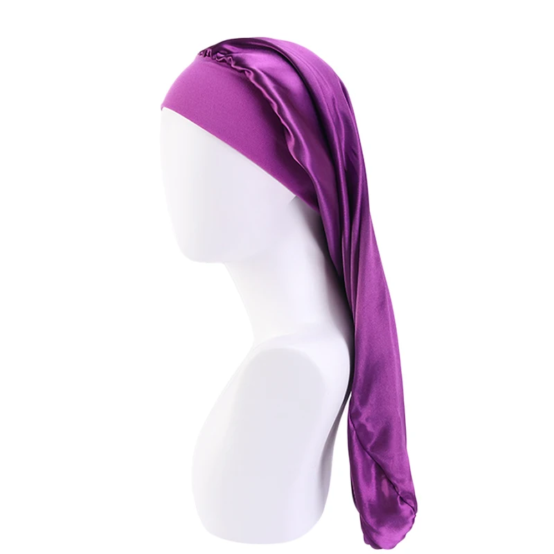 Neue Lange Satin Motorhaube Schlaf Kappe Frauen Seidige Schlaf Kappe Mit Breiten Gummiband Haarpflege Turban Zöpfe Lockiges Haar Natürliche Haar – Detail 9