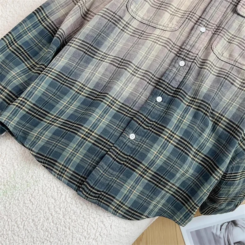 قميص نسائي 2025 صيف جديد متدرج بياقة ضيقة وأكمام طويلة بلوزة نسائية منقوشة من القطن الخالص عالي الجودة معطف رقيق