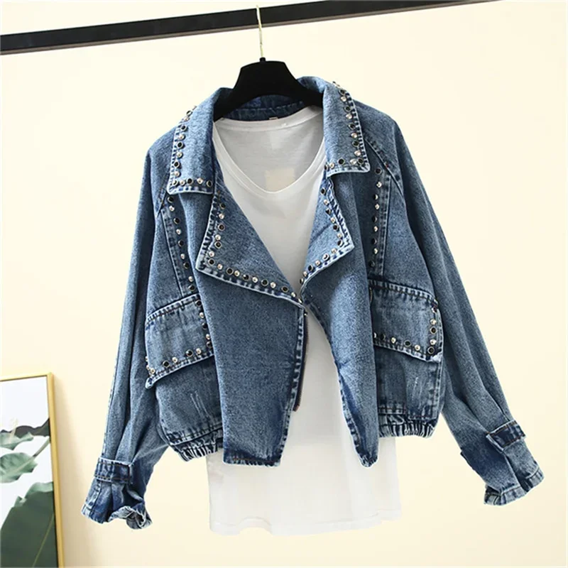 Black Denim Jacket Women Rivets Baggy Boyfriend Casual Outerwear Ladies Autumn Loose Short Jeans Jacket Coat Female Streetwear