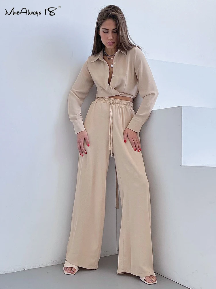 Mnealways18 Khaki Lace-Up Shirts Two Pieces Suits Drawstring Wide Legs Pants Outfits Office Ladies 2 Pieces Set Fall Winter 2024