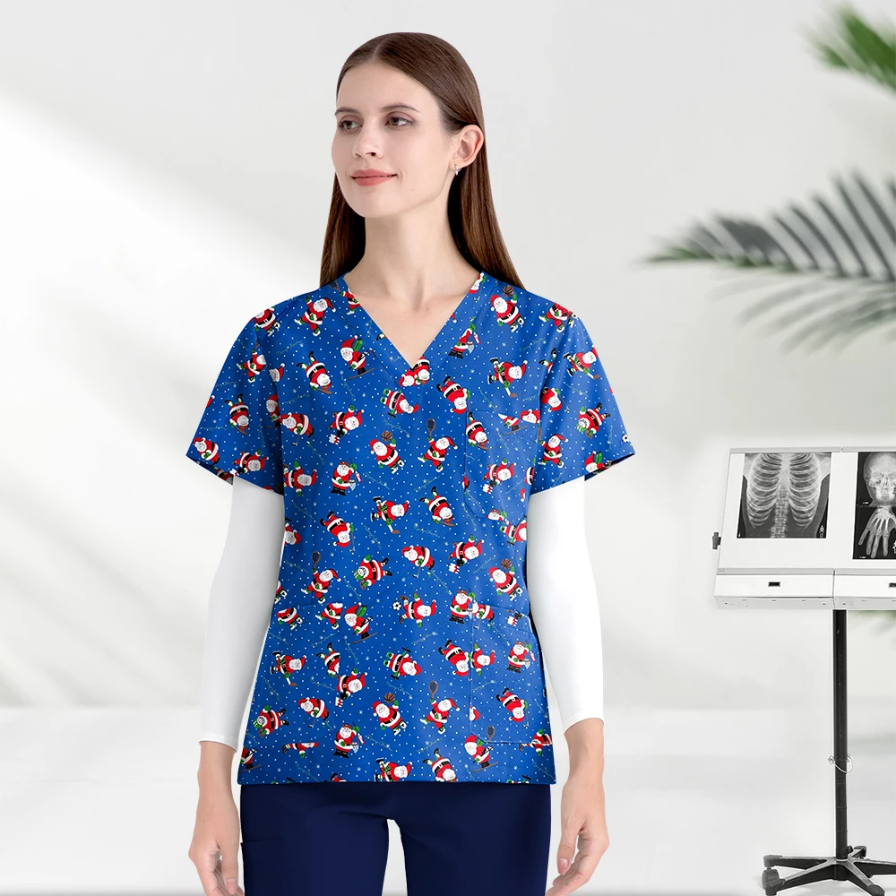 Uniforme de Navidad para hombre y mujer, ropa médica con estampado Dental, uniforme de Farmacia de salón de belleza Unisex, de manga corta, suave