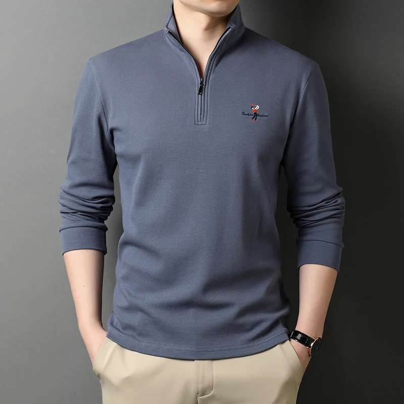 

2022 100% Cotton Mens Polo Shirts Spring Autumn Long Sleeve Zipper Business Casual Male Polo Shirts Simple Solid Color Man Tees