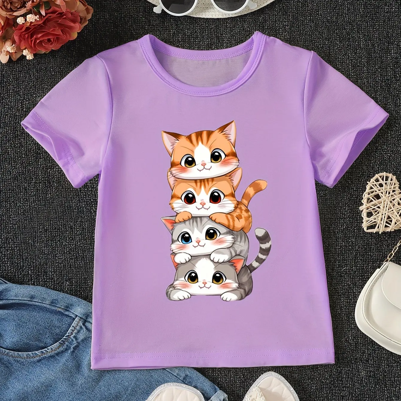 Cute Anime Cat Pattern Printed Girls Cotton T-Shirt Summer Kids Short Sleeve T-Shirt Pajamas Comfortable Soft Fabrics