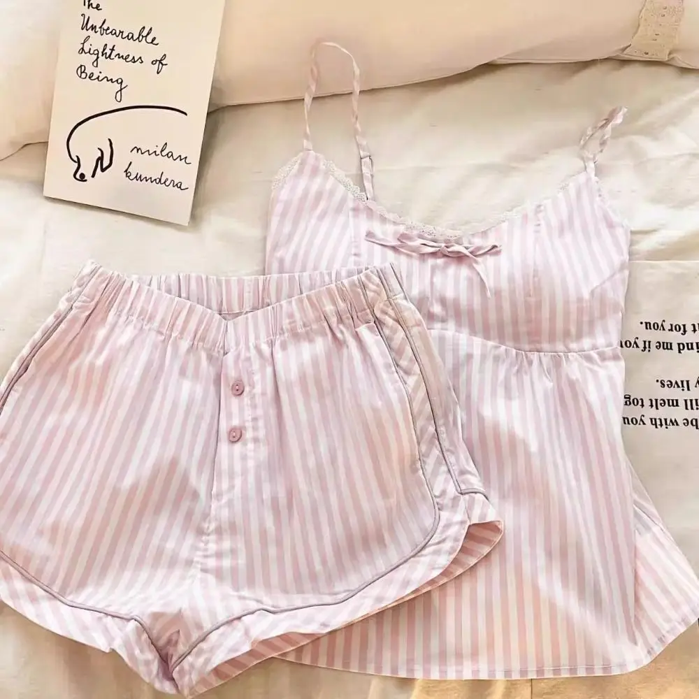 

Bowknot Lace Stripe Pajama Suit Slim Fit Loose Camisole Shorts Nightwear Sleeveless Women Sleepwear Two Pieces Pajama Sets