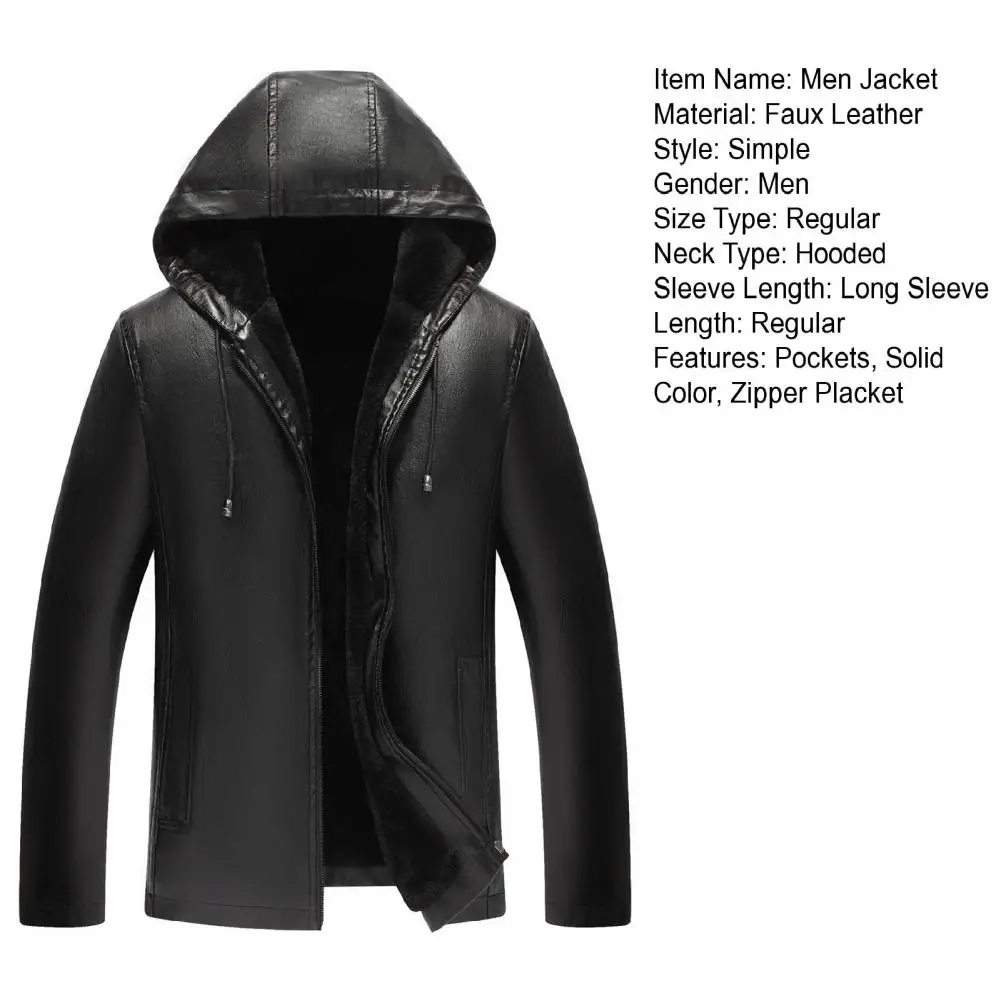 Men Faux Leather Jacket with Velvet Lining Stylish Men\'s Faux Leather Jacket with Velvet Lining Hooded Drawstring for Winter