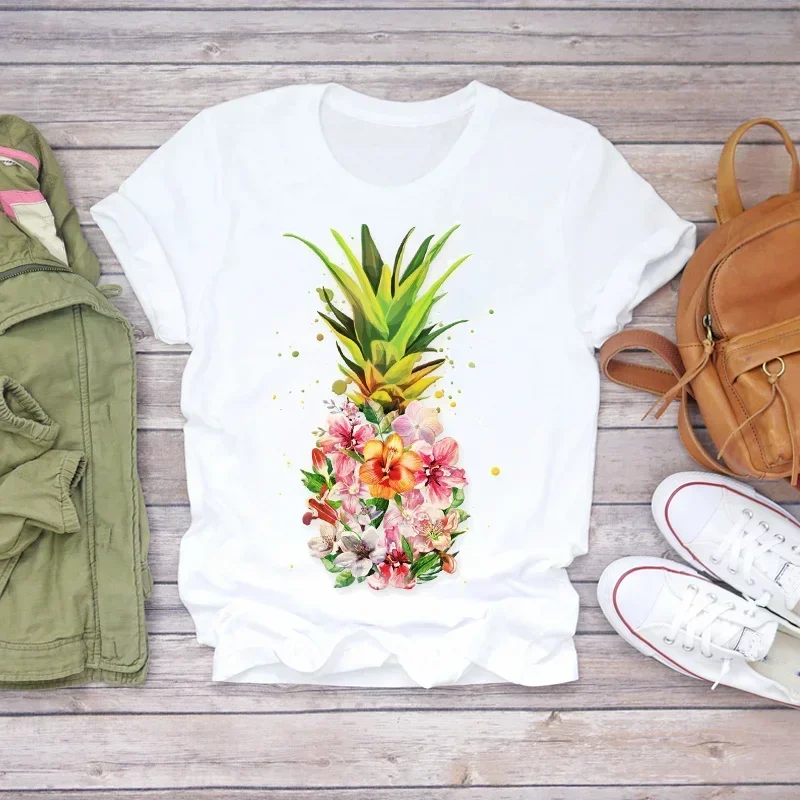 

Women Pineapple Flower Floral Printed Short Sleeve Fashion Lady T-shirts Top T Shirt Ladies Womens Graphic Travel Tee T-Shirt
