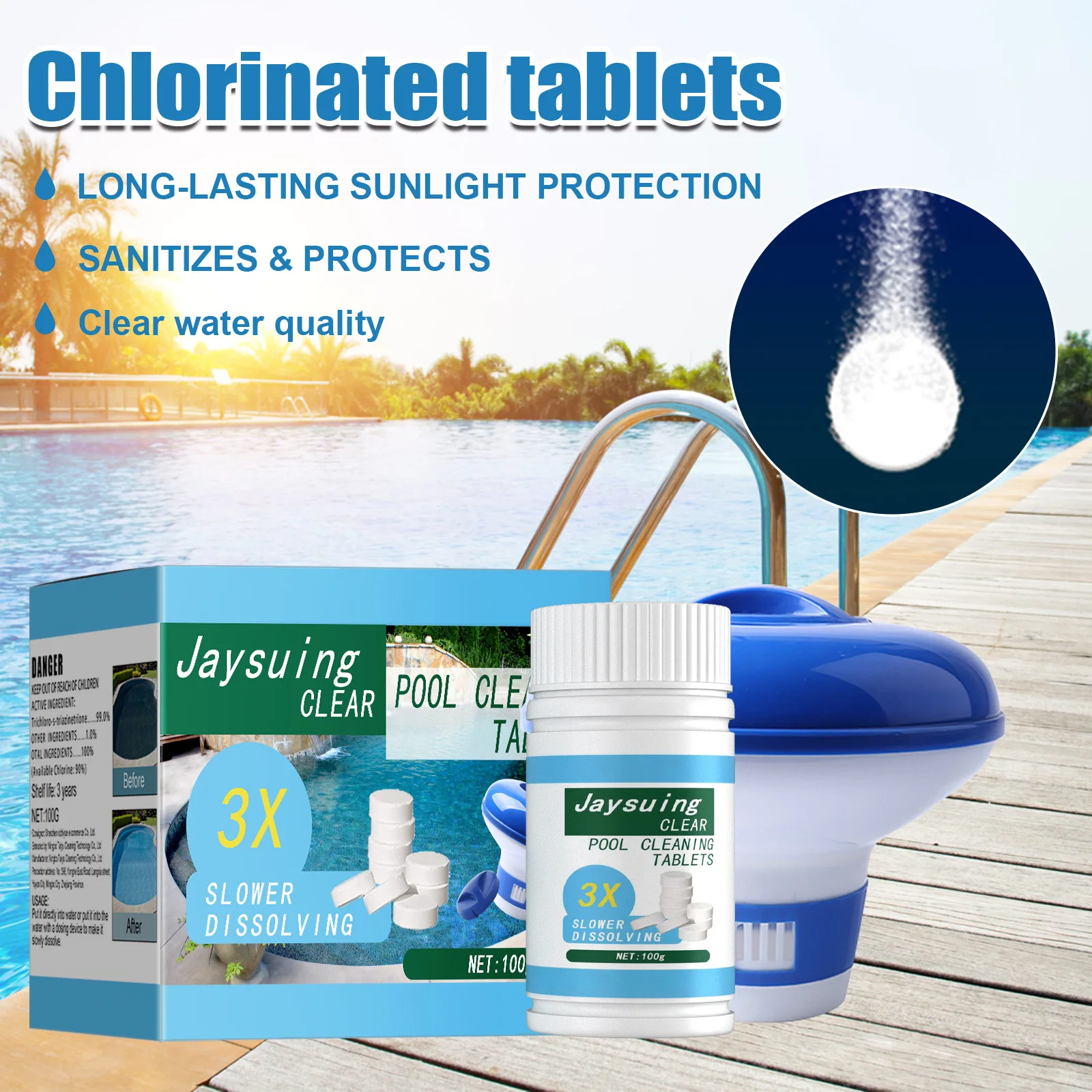 

50/100g Swimming Pool Cleaning Tablets with Chlorine Dispenser Applicator Test Paper Kit Effervescent Chlorine Cage Disinfectant