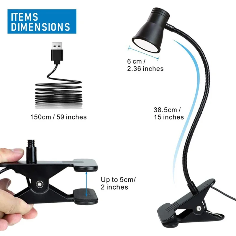 Horn Models Clip Desk Lamp LED Reading USB Student Eye Protection Desktop 360 ° Turn 3 Hue Lights 10 Brightness 7W Suitable for