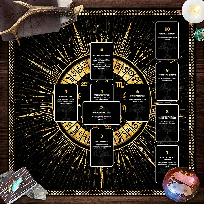 1pc Mystical Celestial Zodiac Altar Tablecloth, Golden Witchy Astrological Symbols, Card Reading Mat, Spiritual Meditation Decor