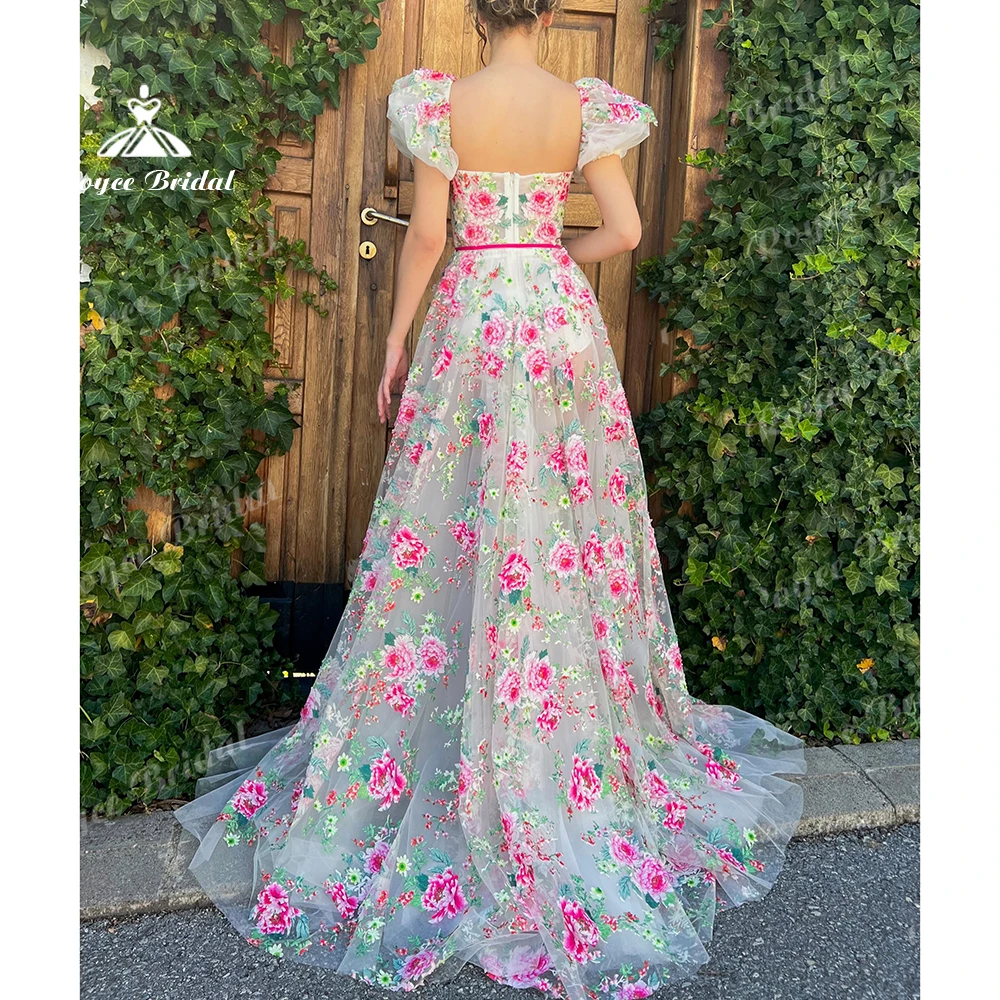 Pink Floral High Slit Prom Dress Strapless Evening Dress Puff Short Sleeve Tulle A‑Line Women's formal evening gowns Customized