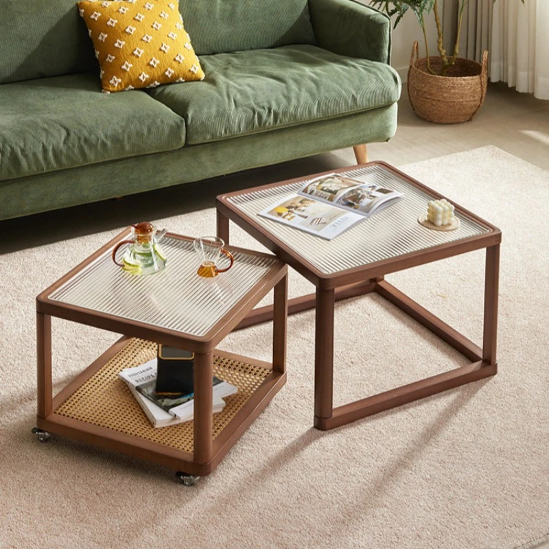 Modern Luxury Nesting Square Coffee Table, Changhong Glass & Rattan Woven Combined Tea Table for Small Household Living Room