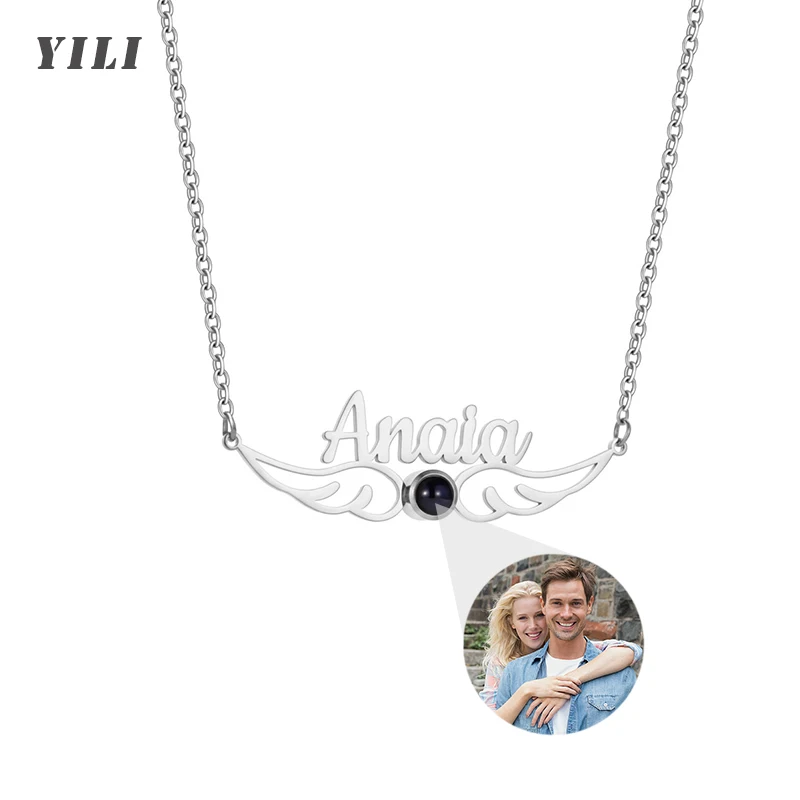 Custom Picture Projection Necklace Angel Wing Photo Pendant Necklace Customized Name Necklaces Birthday Memorial Gifts for Women