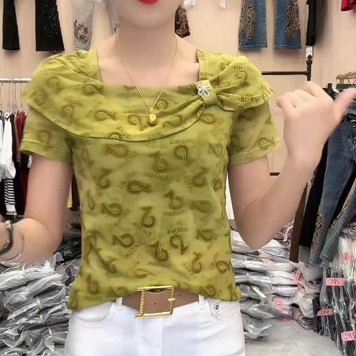 여름 신상 원숄더 프린트 메쉬 데일리탑
