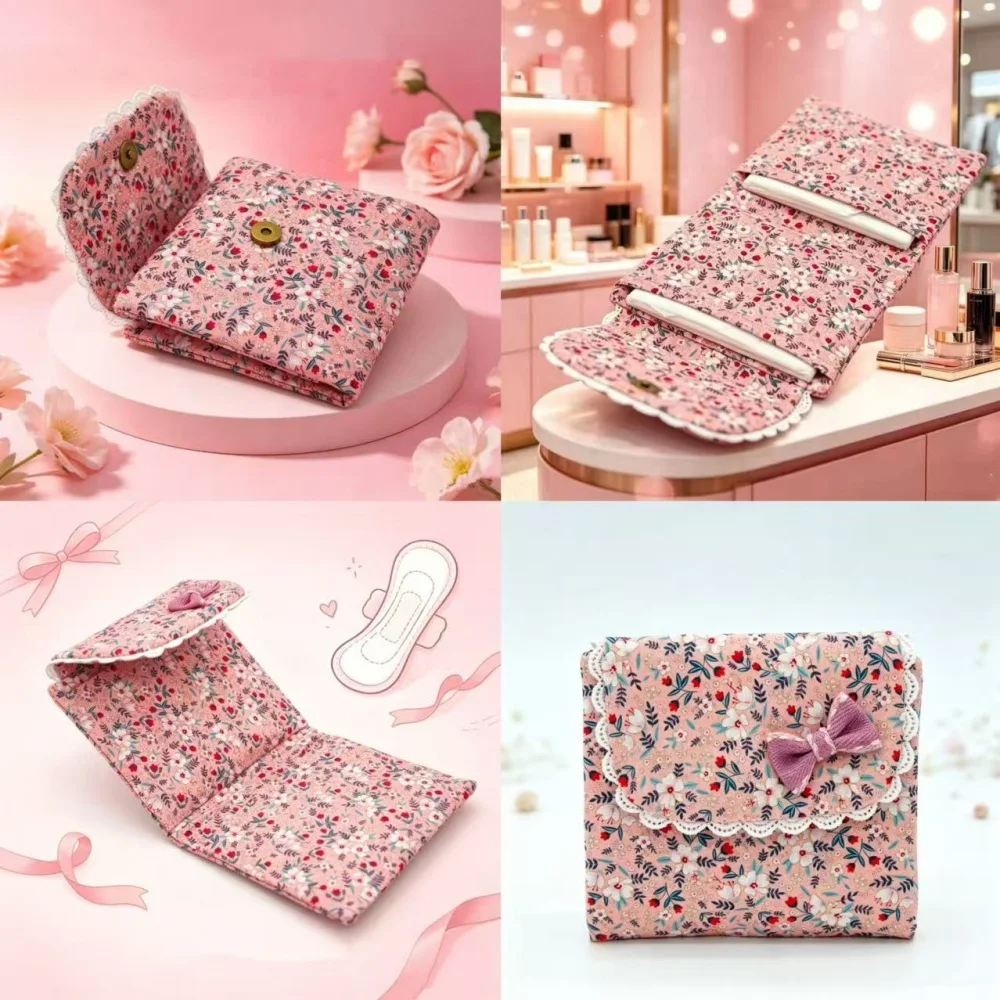 Portable Floral Fabric Three Fold Sanitary Napkin Storage Bag Panty Liner Women's Toiletry Case Mini Makeup Bag