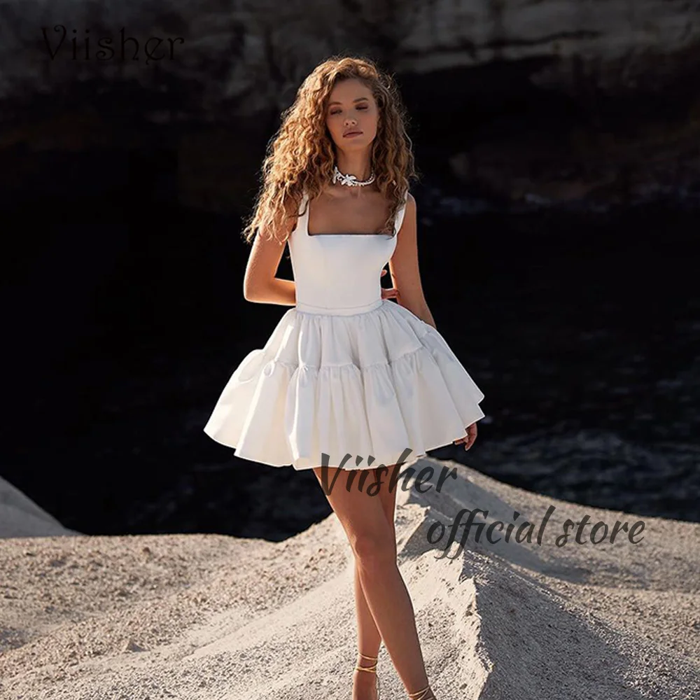 

Viisher White Short Wedding Dresses for Bride Square Neck Draped Satin A Line Bridal Gowns Above Knee