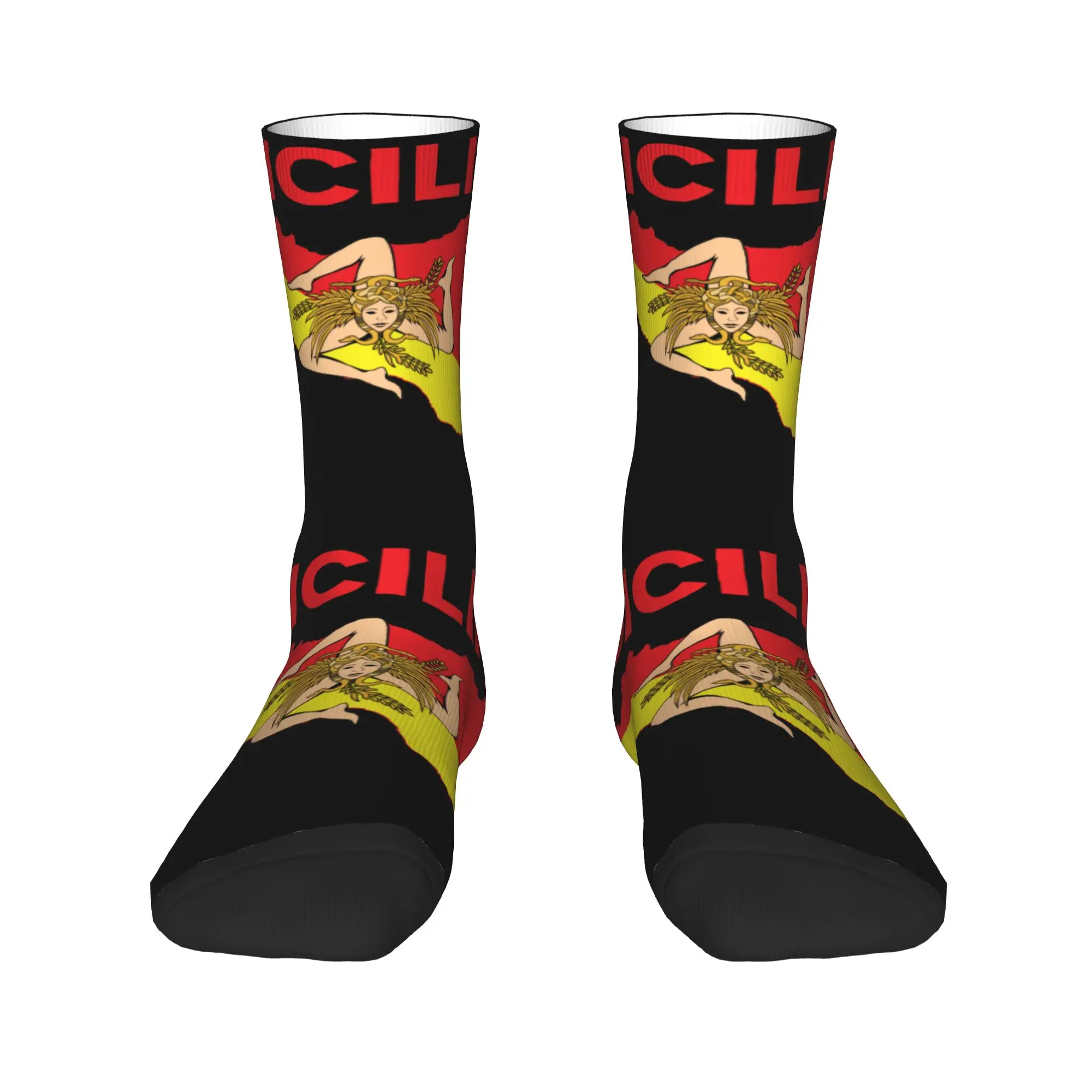 

Map of Sicily Trinacria Mens Crew Socks Unisex Fashion 3D Print Sicilian Pride Dress Socks