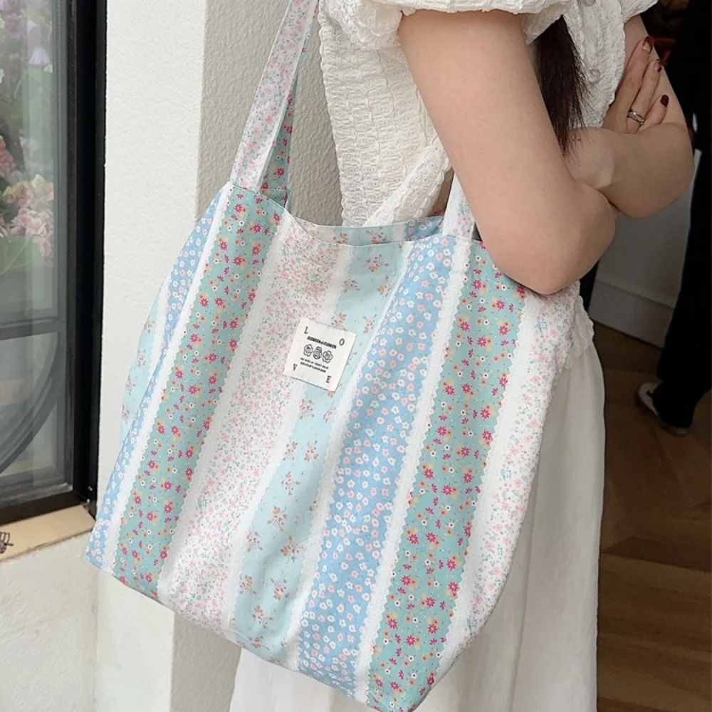 Large Capacity Shoulder Bag Fashion Handbags Romantic Stripe Floral Shopping Bags Cotton Fabric Book Bag Ladies