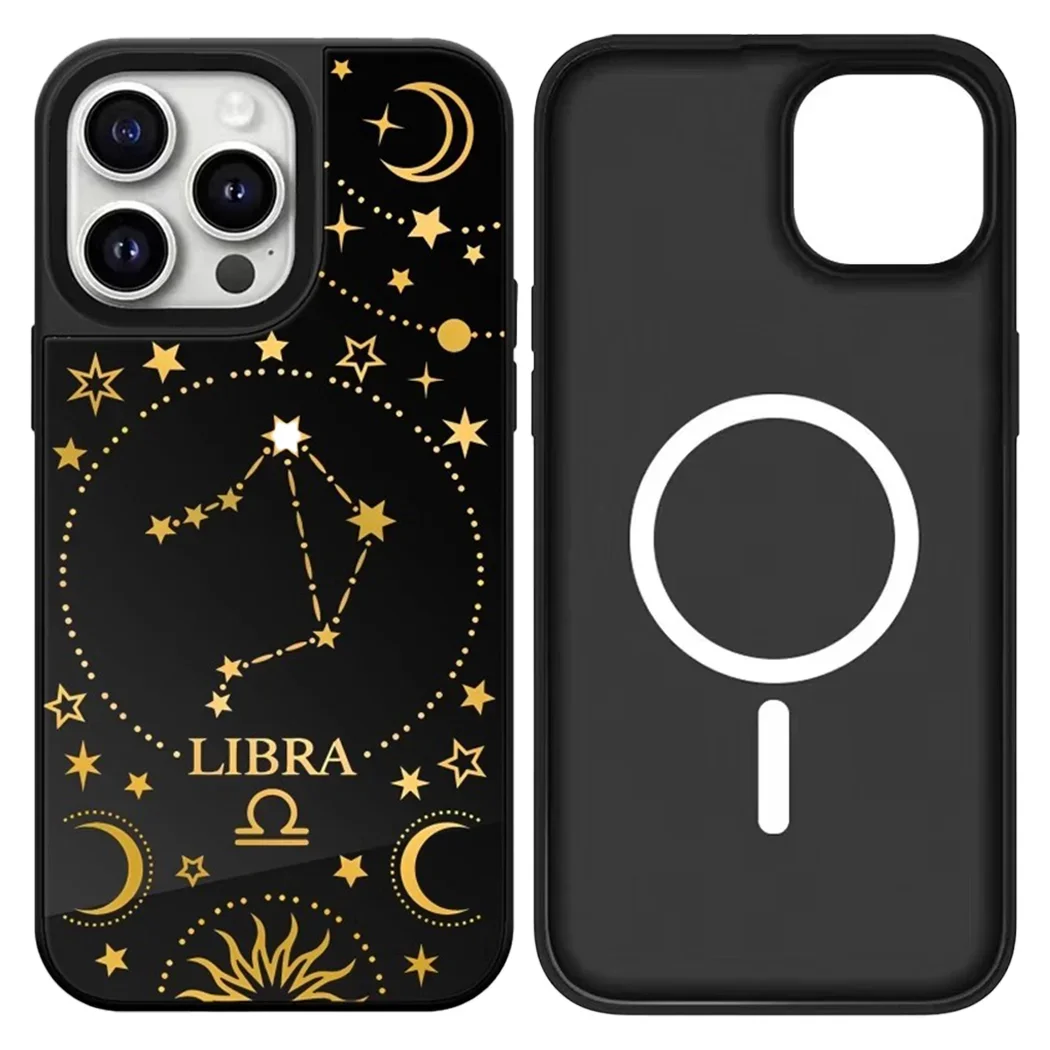Etui ochronne na iPhone'a 12 13 14 15 16 17 Pro Max z motywem czarnej lustrzanej powierzchni i znakiem zodiaku, pasuje do iPhone'a 17 Pro Max