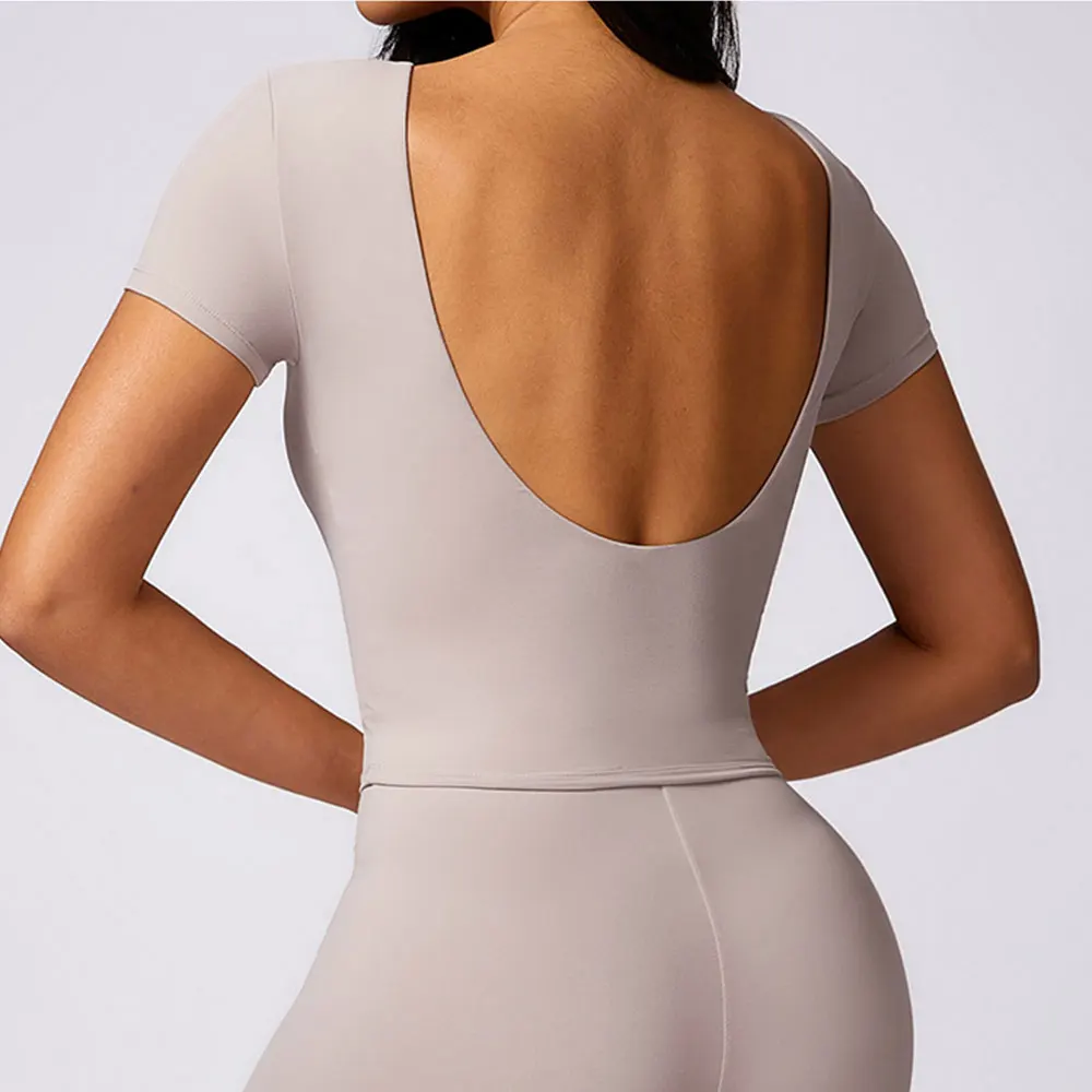 Sexy Yoga Shirts Women Top Backless Running Tops Tights Push Up Workout Gym Clothes Female Short Sleeve Fitness Sports T-Shirts