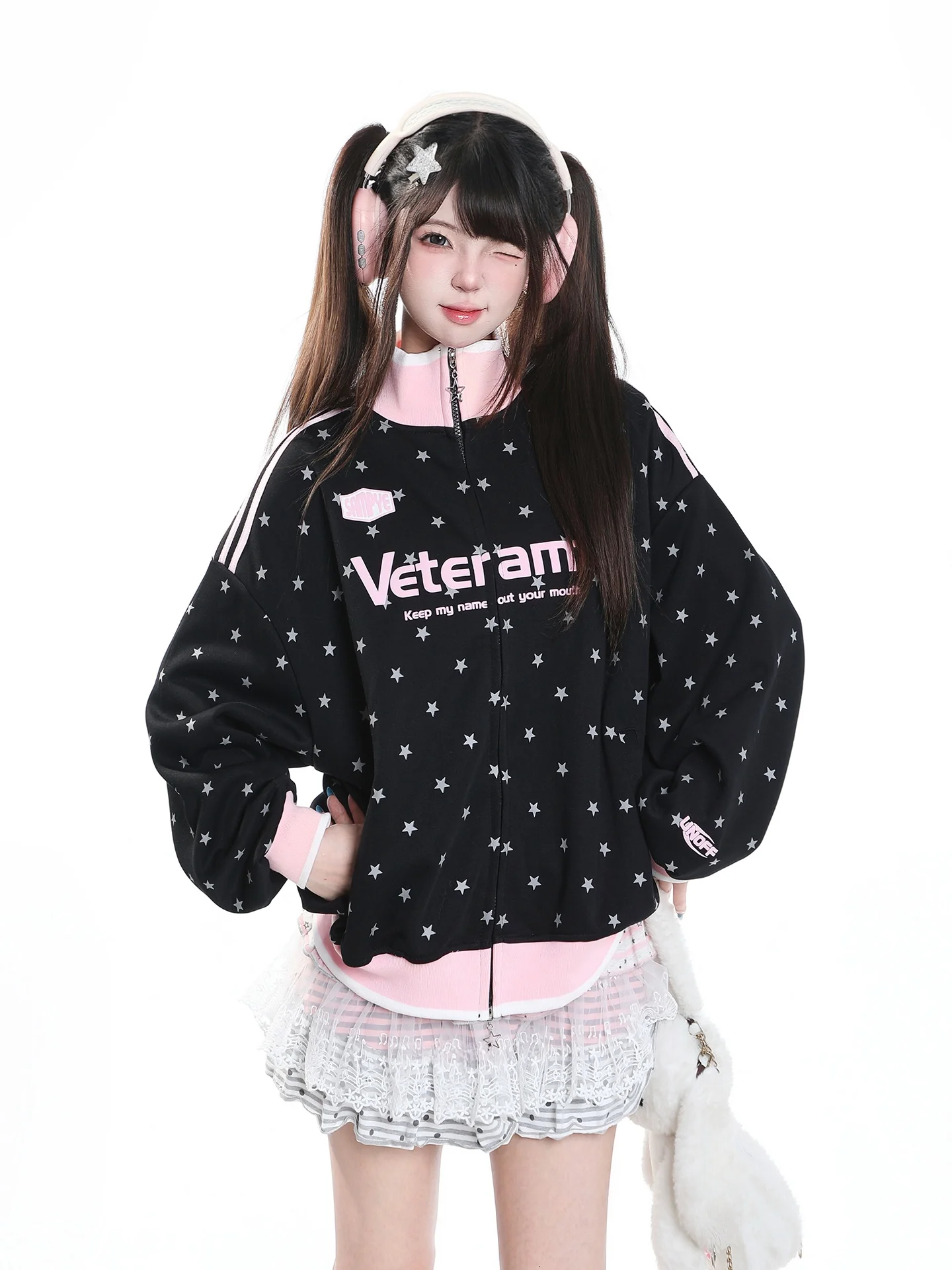 Casual Oversize Jacket Women's College Style Star Letter Print Stand Collar Coat Autumn Lazy Style Leisure Jacket
